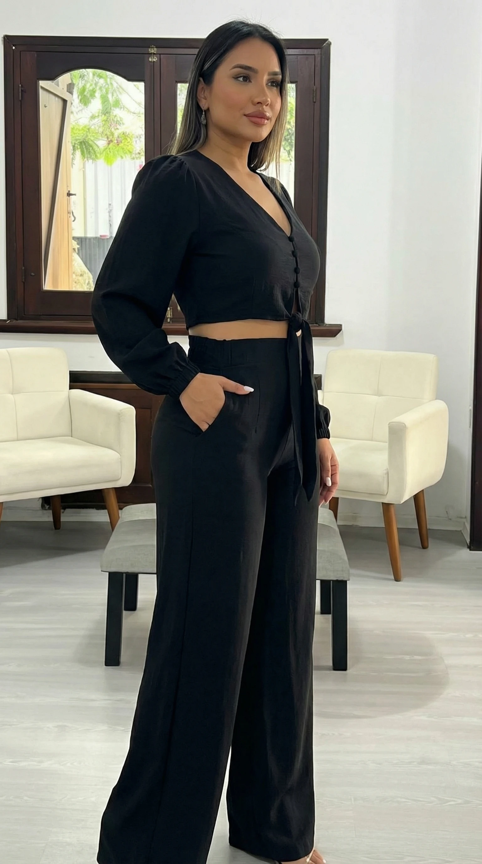 Conjunto de Lino Top Lazo y Botones - Vista 5 | Drizzary Store